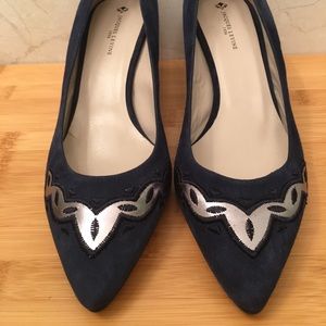 Navy Suede Pump with Embroidered Metallic Leather